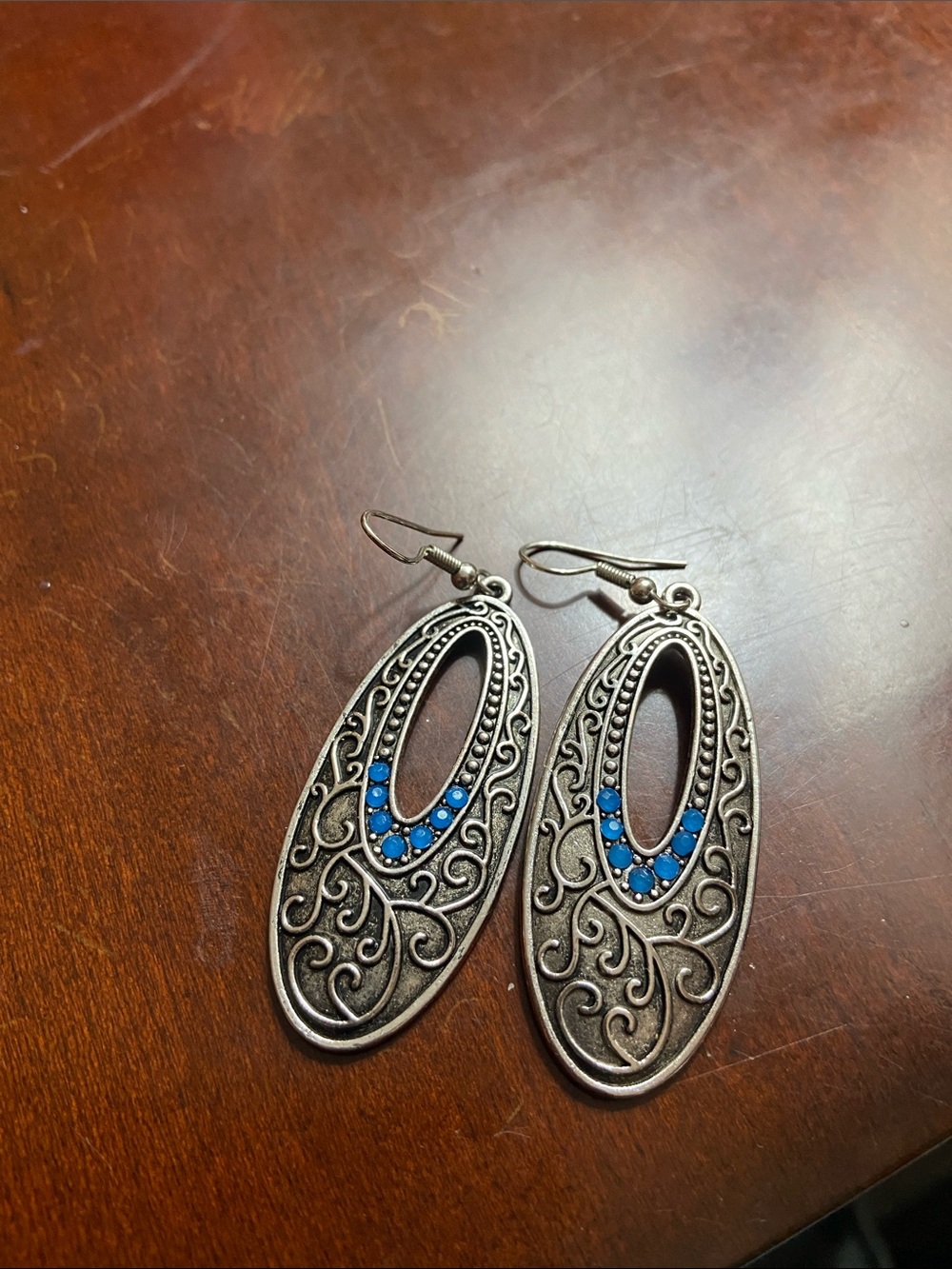 Vintage-Inspired Silver Oval Drop Earrings with Blue Accents